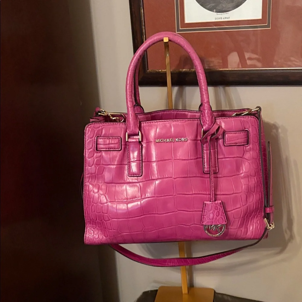 Michael Kors Dillon Fuchsia Crocodile-Embossed Satchel - Picture 1 of 13